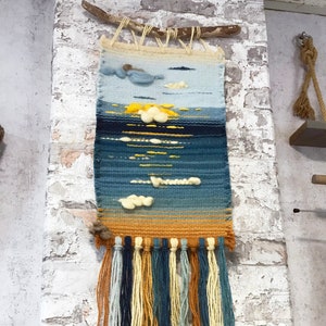 Woven blue wall hanging "Summer morning", Handwoven fiber art, Wool wall tapestry, Blue wall art, Boho wall decor, Handmade gift