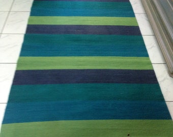 Wool rug in green and blue. Handwoven rug runner, striped rug, area rug, floor rug  "Amazon rainforest" Made to order rug