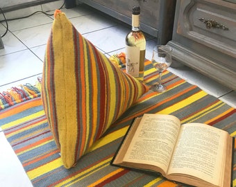 Woven decorative throw pillow of natural wool. Handmade yellow pyramid throw pillow cover.