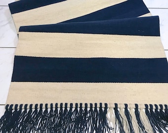 Navy blue and white wool rug, Handwoven rug runner, striped rug, area rug, floor rug, Beach and coastal home decor.