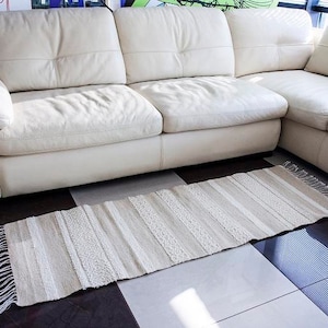 White wool rug &quot;Sahara&quot;, Handmade boho rug runner, Bedroom rug, Hand woven rug, Natural undyed wool, Off white carpet, Washable area rug.