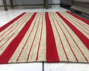 Handwoven striped wool rug in red and natural grey. Handmade of 100% natural wool. Unique art home decor. Excellent quality, washable runner