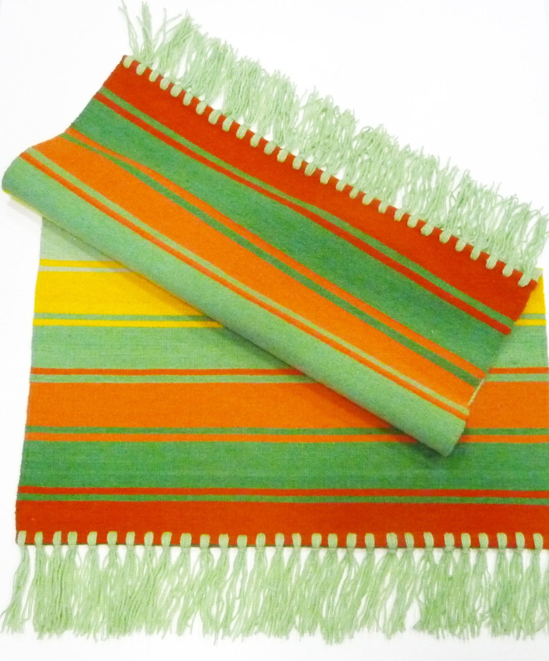 Handwoven Wool Boho Rug hot Summer. Green, Orange and Yellow Small Area