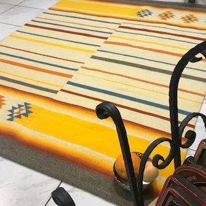 4&#39;x5&#39; Hand woven wool carpet, Yellow/orange/blue/white wool weave rug, Handcrafted ethnic kilim, Boho tribal carpet, High-quality kilim