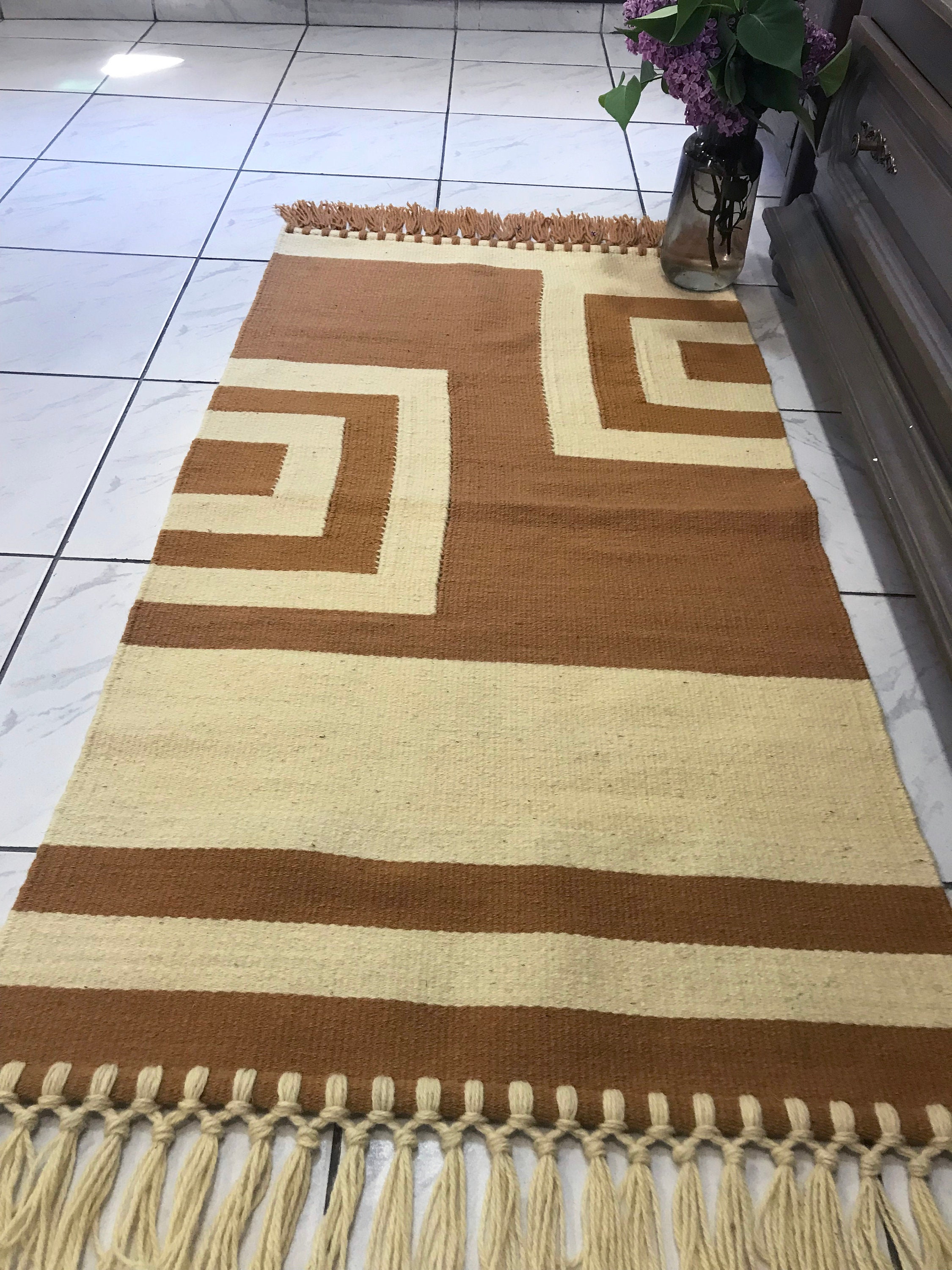 手織りウールキリムラグ 63×96cm マスタードイエロー×オフホワイト