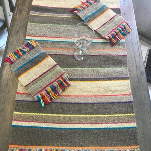 Handwoven Wool Table Set – 5 Pieces, Natural Wool with Colorful Fringe, Rustic Boho Decor, Washable, New Home Gift