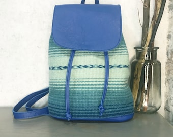Handwoven Wool Backpack, Blue Leather, Unique Art Rucksack