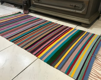 Handwoven Wool Runner Rug, Colorful Striped Kilim, Boho Carpet