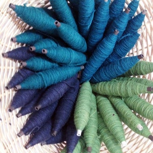 May include: A basket filled with spools of yarn in shades of teal, dark blue, and green. The yarn is arranged in a circular pattern, with the spools of teal yarn in the center.