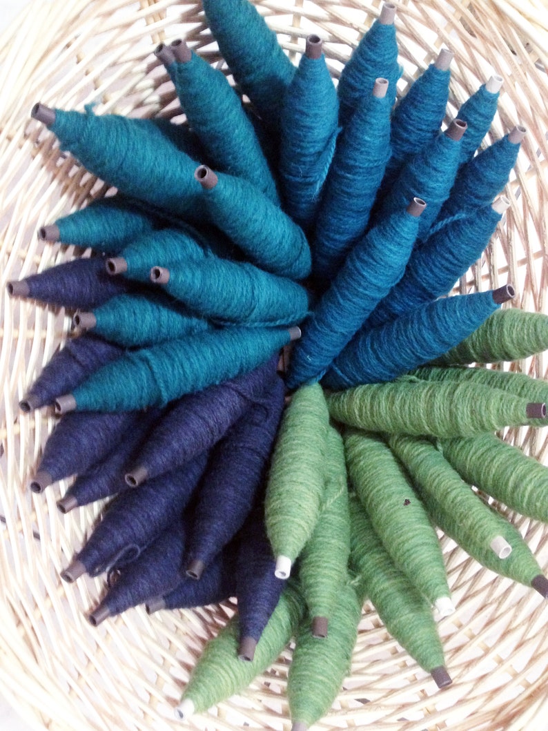 May include: A basket filled with spools of yarn in shades of teal, dark blue, and green. The yarn is arranged in a circular pattern, with the spools of teal yarn in the center.