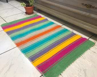 Handwoven Colorful Wool Rug, Organic Striped Bath Mat