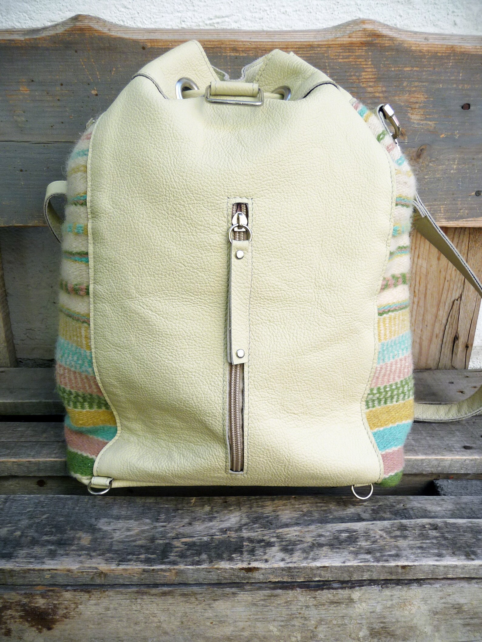 Unique backpack in cream color. Natural leather combined with Etsy