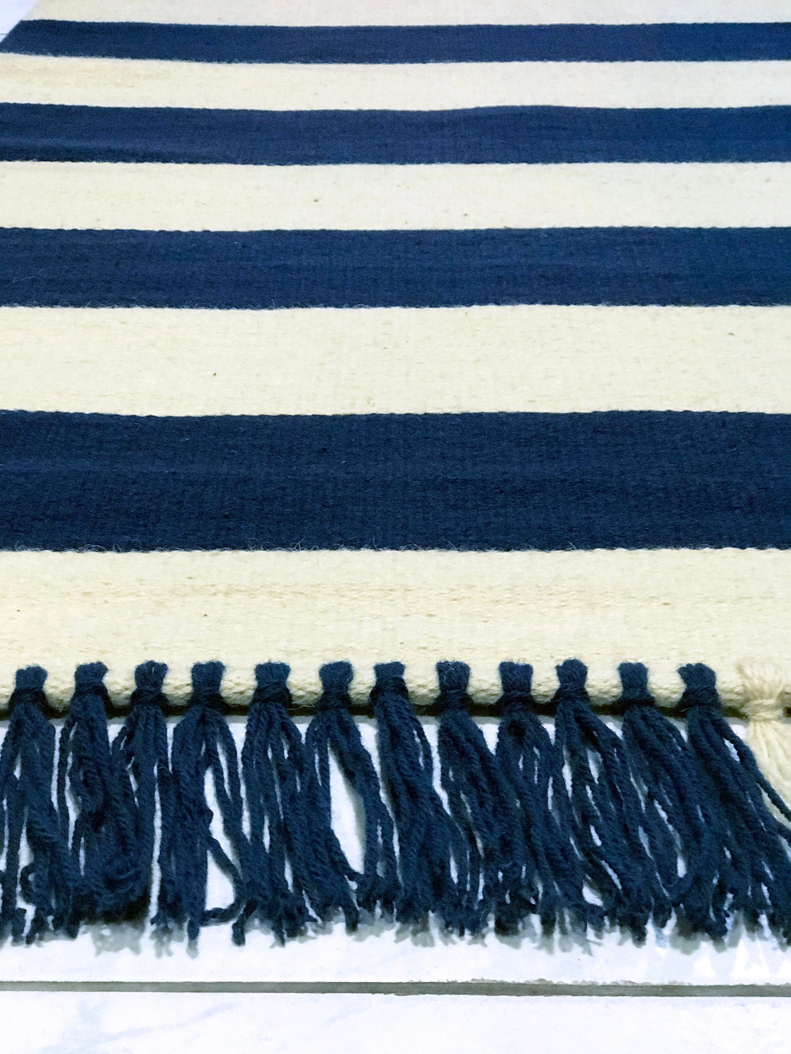 Navy Blue and White Wool Rug, Handwoven Rug Runner, Striped Rug, Area
