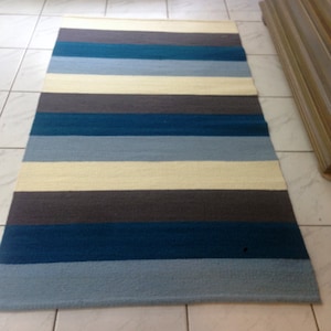 Handwoven Wool Rug: Striped Blue Gray White, Washable Area Rug