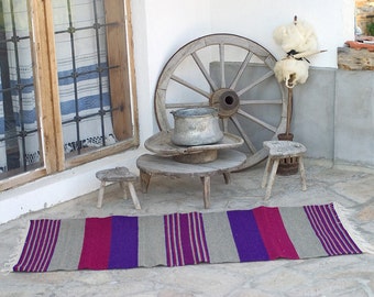 Hand-woven bulgarian wool rug in pink and purple, Woven runner rug, Handmade accent rug for modern home