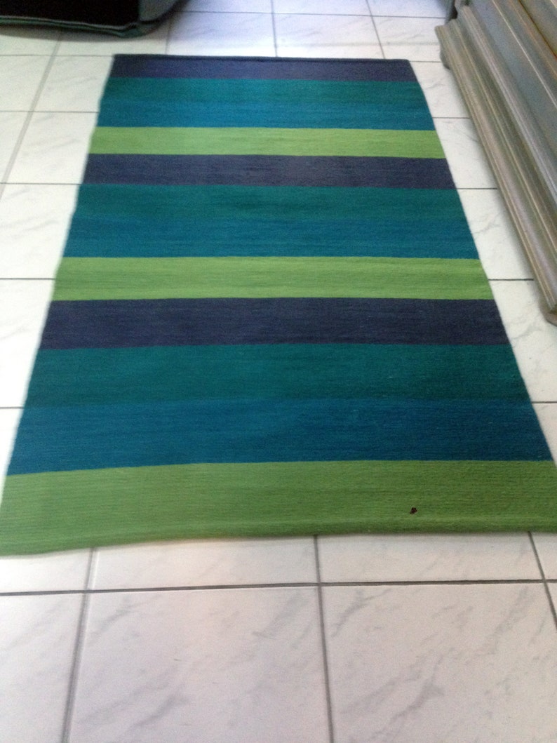 Wool Rug in Green and Blue. Handwoven Rug Runner, Striped Rug, Area Rug