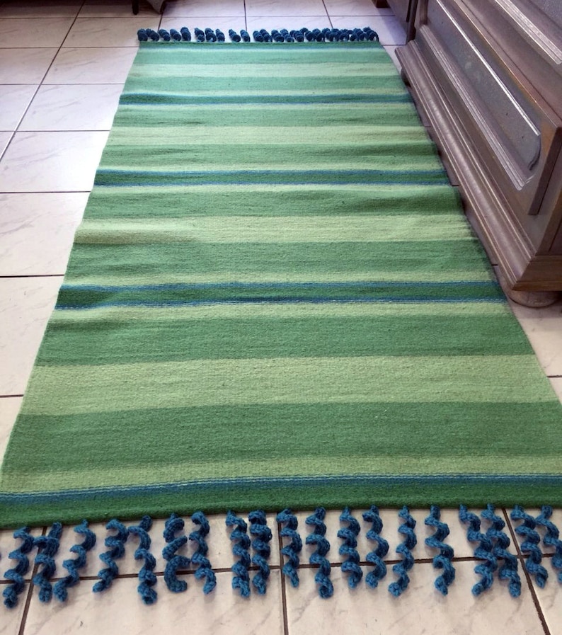 Wool Rug in Green and Blue With Knitted Fringes. Handwoven Rug Runner