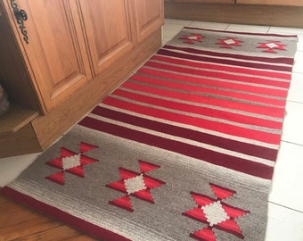 Woven wool kilim rug in red and natural beige, Handmade rug runner with traditional bulgarian motifs, Unique art housewarming gift.