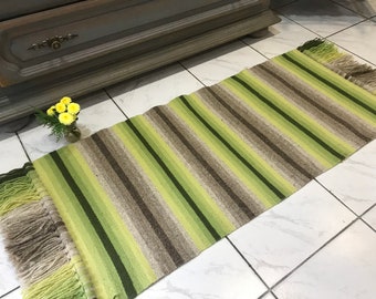 Handwoven small wool rug in green, Handmade area rug, Green table runner, Washable, Free shipping