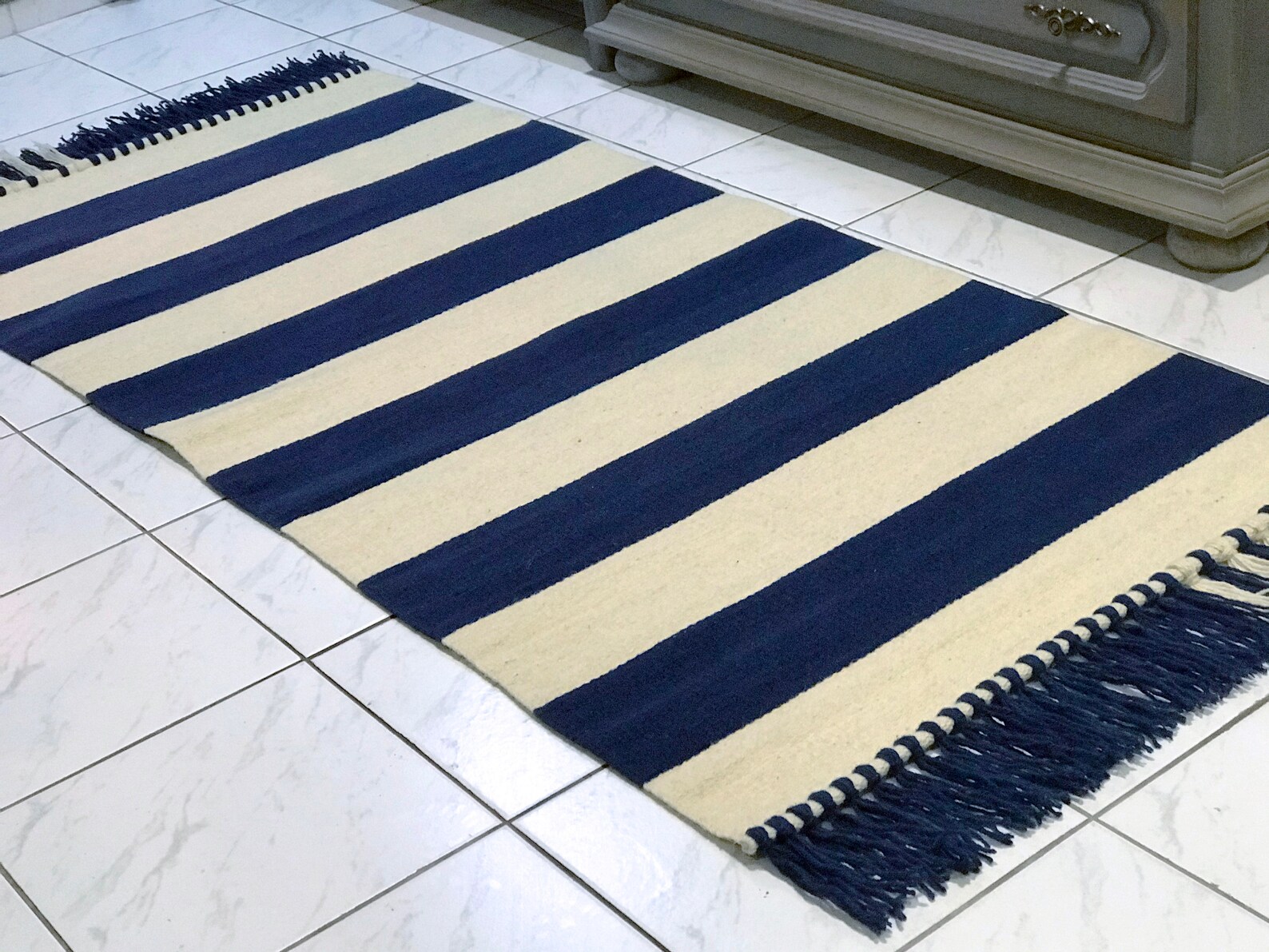 Navy Blue and White Wool Rug, Handwoven Rug Runner, Striped Rug, Area