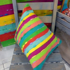 Handwoven unique wool cushion. Decorative handmade pyramid throw pillow cover.