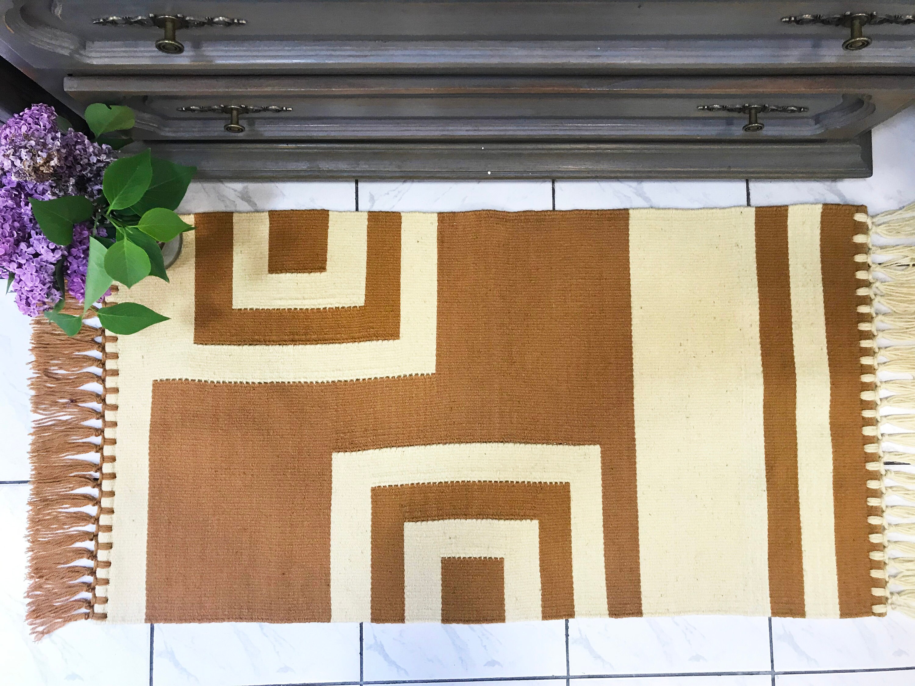 手織りウールキリムラグ 63×96cm マスタードイエロー×オフホワイト