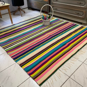 Handwoven wool colorful carpet, Bedroom boho area rug, Living room carpet, Vivid colors kid's rug, Washable carpet, Unique art home textile. image 1