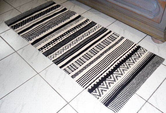 Handwoven Wool Boho Rug Black And White Small Runner Handwoven Wool Boho Rug Black And