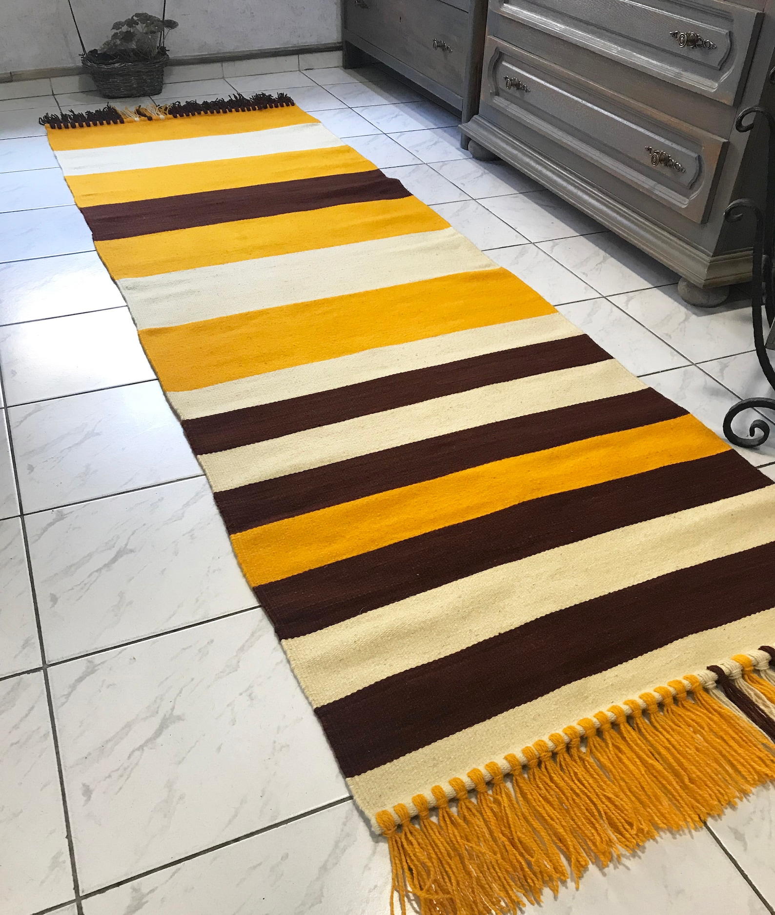 Yellow Striped Wool Rug. Handwoven Runner Rug in Yellow, Brown and
