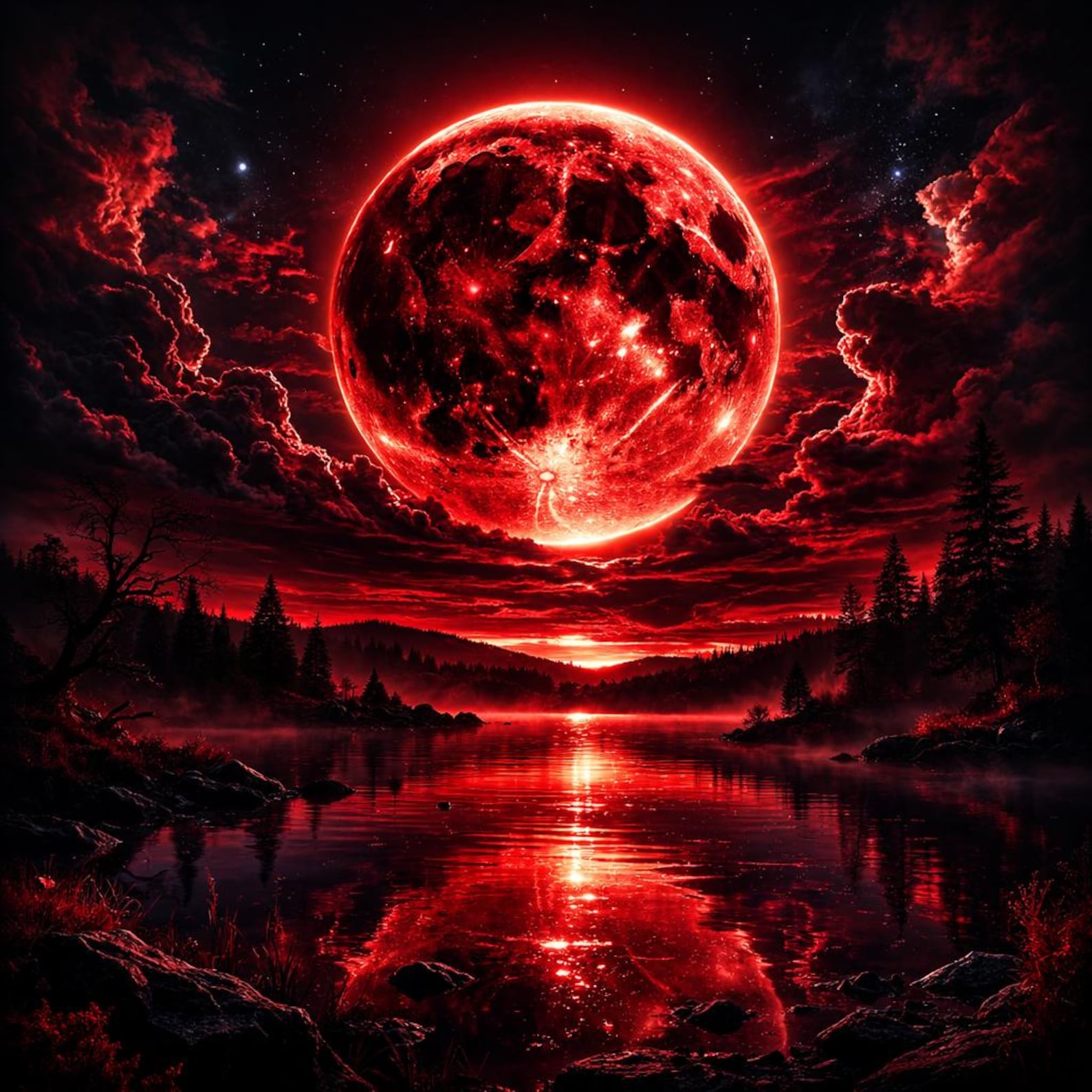 Grim Blood Moon Landscape Print | Dark Celestial Wall Art | Gothic ...