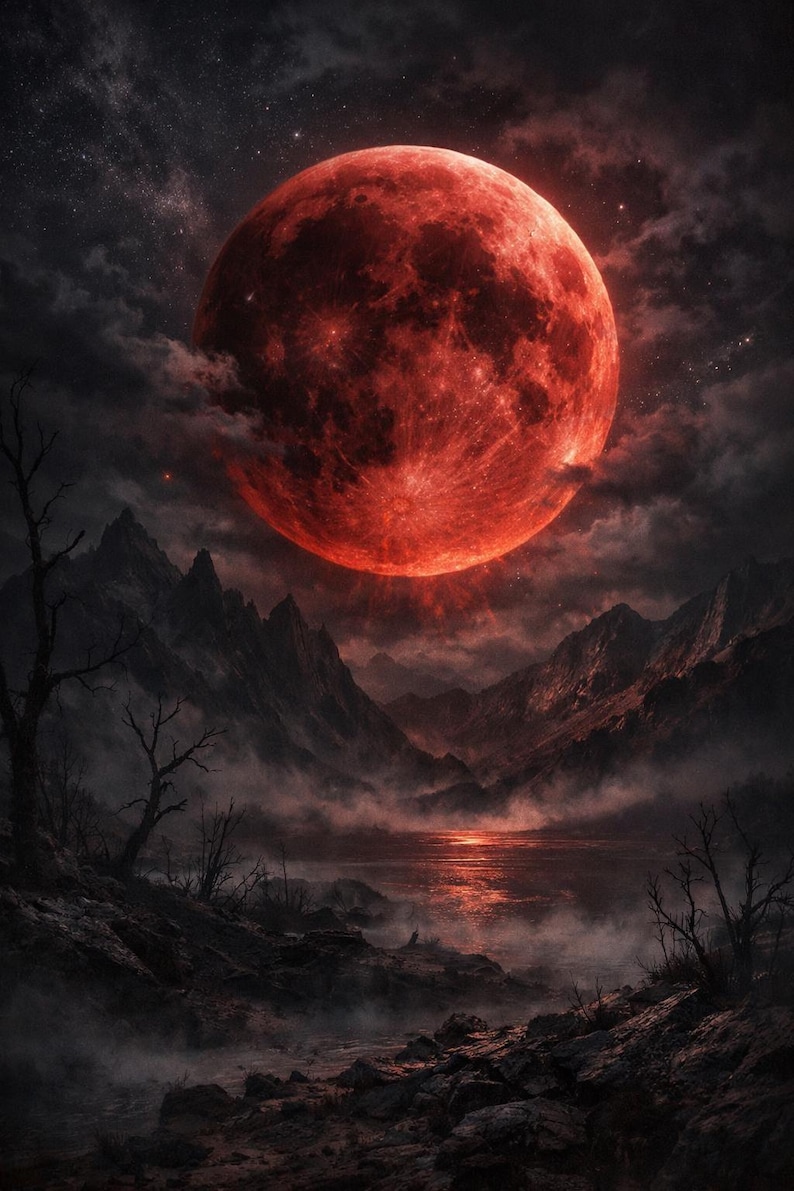 Grim Blood Moon Landscape Print | Dark Celestial Wall Art | Gothic ...
