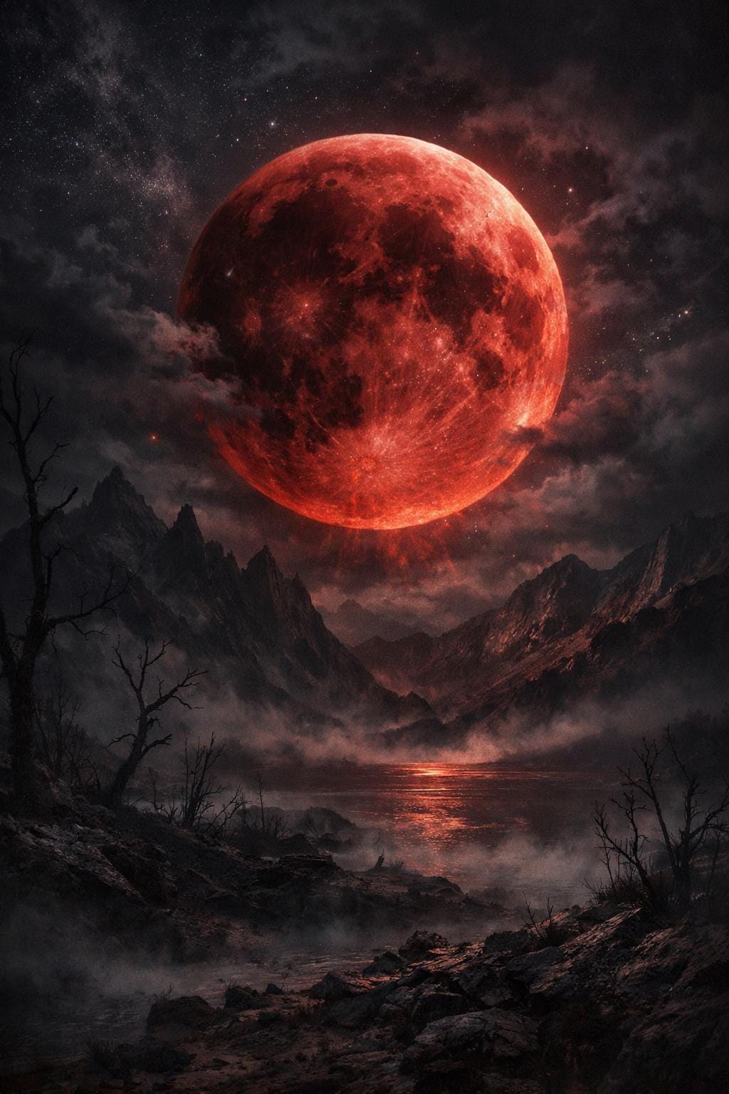 Grim Blood Moon Landscape Print | Dark Celestial Wall Art | Gothic ...