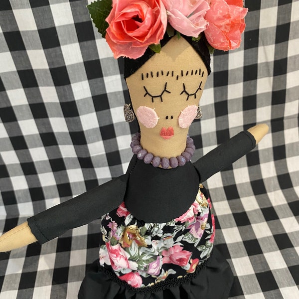 Frida Doll, Frida, Upcycled Limited EditioN, Mexican Artist, Floral, Rag Doll, Dolly, Handmade Doll, cloth doll, fabric doll, heirloom,
