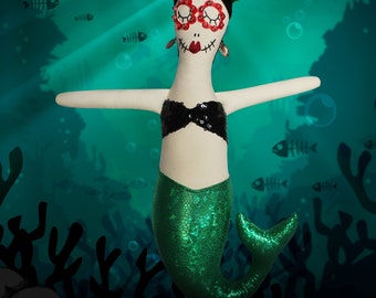 Mermaid Doll, Day of the Dead, Dolly, Handmade Doll, Girl Gift, Rosiedoll, Purple hair, Heirloom doll, cloth doll, mermaid