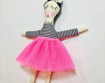 Daisy Love, fabric doll, cloth doll, neon pink, monochrome, daisy, tutu, flower girl, heirloom doll, custom made doll,