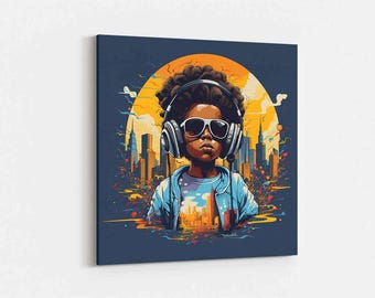 Urban Graffiti Canvas Art, Boy with Headphones, City Skyline Print