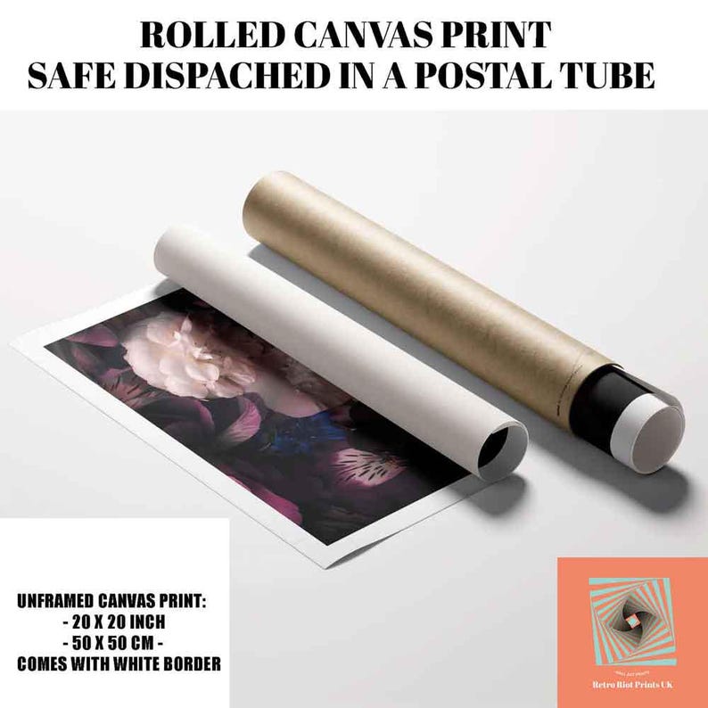 May include: Rolled canvas print with a floral design, shown with a white border, and rolled in a postal tube. The print measures 20 x 20 inches. The text on the image reads: "ROLLED CANVAS PRINT SAFE DISPATCHED IN A POSTAL TUBE UNFRAMED CANVAS PRINT: - 20 X 20 INCH - 50 X 50 CM - COMES WITH WHITE BORDER."