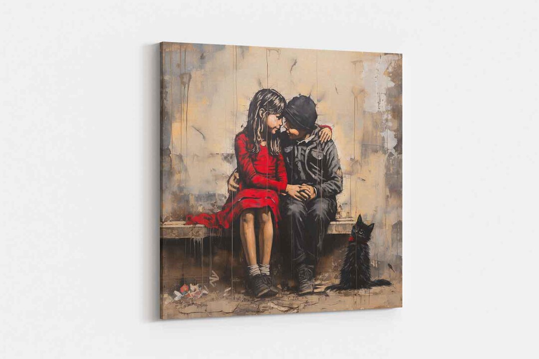 Banksy Style Graffiti Canvas, Children and Cat Street Art Mural - Etsy