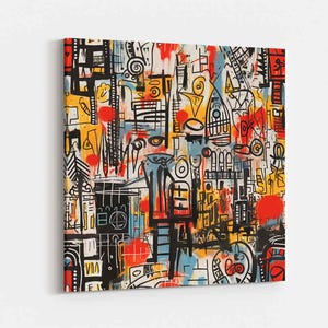 Urban Graffiti Abstract Canvas Mural, Neo-Expressionist Street Art Wall Decor, Vibrant Primary Colors Maximalist Print, Modern Edgy Apartment Art, Large Contemporary Gallery Wrap; Basquiat Style "Urban Rhythm" Abstract Graffiti Canvas - Modern Neo-Expressionist Wall Decor - Large
Vibrant Street Art Print