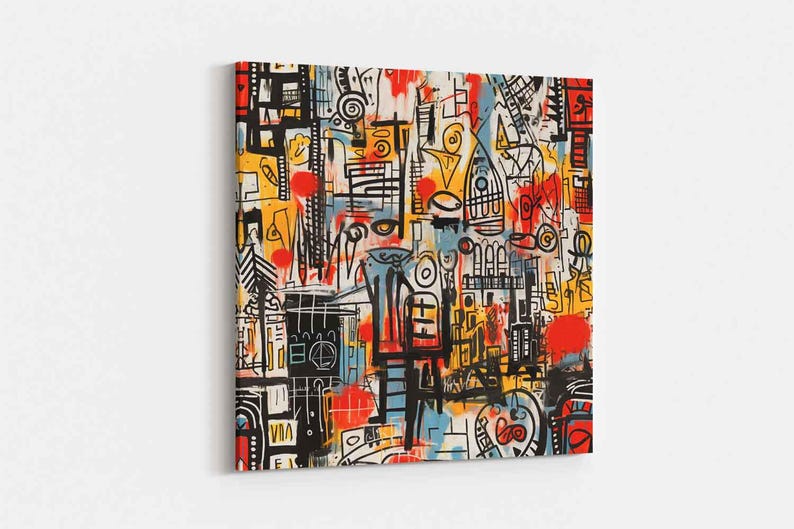 Urban Graffiti Abstract Canvas Mural, Neo-Expressionist Street Art Wall Decor, Vibrant Primary Colors Maximalist Print, Modern Edgy Apartment Art, Large Contemporary Gallery Wrap; Basquiat Style "Urban Rhythm" Abstract Graffiti Canvas - Modern Neo-Expressionist Wall Decor - Large
Vibrant Street Art Print