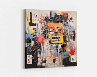 Neo-Expressionist Street Art Canvas Wall Art, Abstract Grinning Face Graffiti Print, Modern Urban Decor