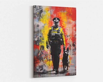 Banksy Style Police Officer and K9 German Shepherd Canvas Print, Urban Street Art Graffiti Wall Decor, Modern Red and Yellow Splatter Art