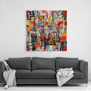 May Include: Abstract graffiti canvas wall art inspired by neo-expressionist street art with bold lines and vibrant splashes of red, yellow, blue, and black. The layered symbols and expressive brushstrokes create a dynamic urban composition. A striking modern decor piece for living rooms, studios, or creative office spaces.