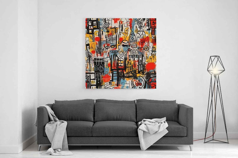 May Include: Abstract graffiti canvas wall art inspired by neo-expressionist street art with bold lines and vibrant splashes of red, yellow, blue, and black. The layered symbols and expressive brushstrokes create a dynamic urban composition. A striking modern decor piece for living rooms, studios, or creative office spaces.