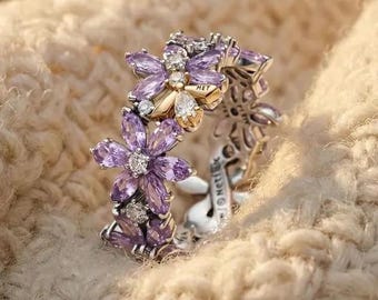 Bridgerton-bijring – sterlingzilver, paarse bloemen, vergulde hanger