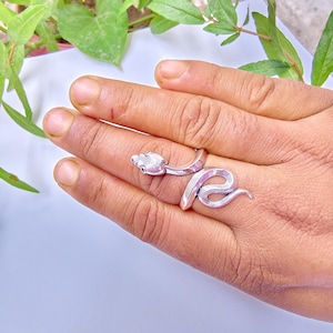Op de afbeelding: Een zilverkleurige metalen ring in de vorm van een kronkelende slang. De ring heeft een gedetailleerde kop met kleine donkere ogen en een slank, kronkelend lichaam dat om de vinger wikkelt. Het metaaloppervlak heeft een gepolijste afwerking.