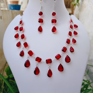 Handmade Red Garnet Teardrop Necklace Earrings Set, Silver Plated Statement Jewelry