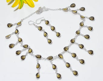 Handgefertigtes Set aus Halskette und Ohrringen in Tropfenform aus Rauchquarz, Schmuck aus Sterlingsilber, Statement-Schmuck