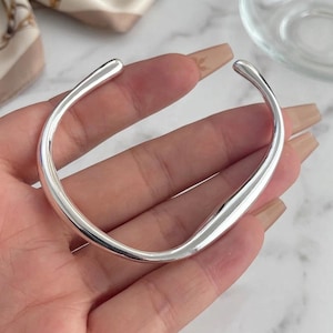 Sterling Silver Wavy Geometric Bangle | Adjustable Statement Cuff Bracelet