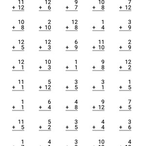 以下が含まれることがあります： 11+12や12+6などの足し算の問題が書かれた白いワークシート。上部には名前、日付、スコア/100の欄があります。問題は整理されており、解きやすくなっています。